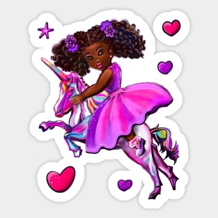 Black princess dress riding a unicorn pony horse. African American girl Sticker